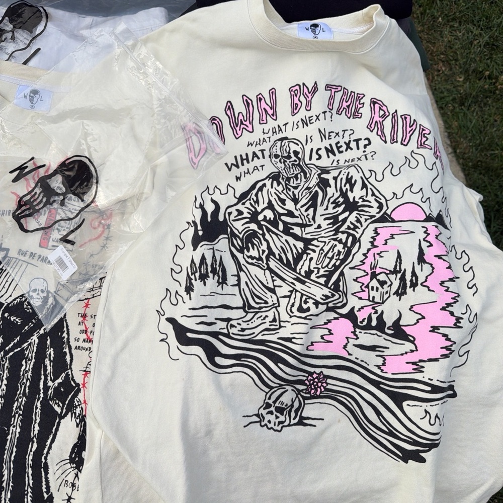 Graphic 'Down By The River' Cream Tee with Pink & Black Artwork